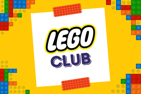 Yellow background with LEGO blocks in the corners. White square in the middle of image with words LEGO club on it