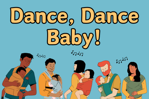 Blue background with images of adults wearing their babies on the bottom and the words dance dance baby at the top