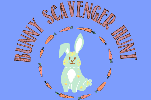 Blue background with bunny surrounded by carrots on top and the words Bunny Scavenger Hunt