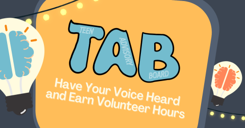 TAB in blue bubble font above the words 'Have your voice heard and earn volunteer hours'. The words are on an orange square with lights decorating the empty spaces.