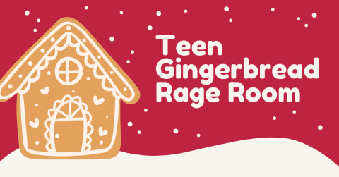 A cartoon gingerbread house over a red background with snow. The words 'Teen Gingerbread House' are next to the cartoon gingerbread house. 