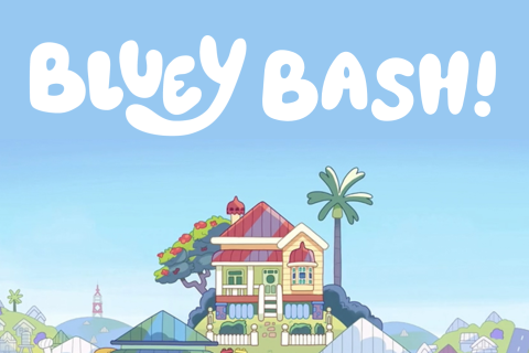 Bluey's house with the words "Bluey Bash" in the sky above