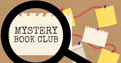 The text "Mystery Book Club" alongside a magnifying glass.