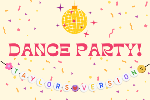 confetti over background with wording Dance Party and Taylor's Version spelt in beads