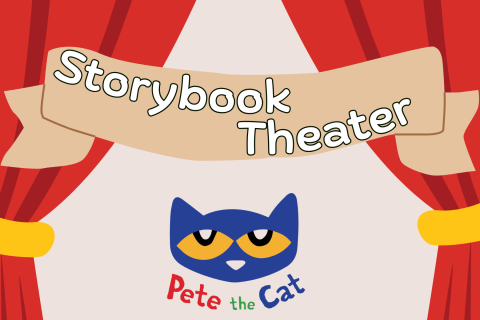 cream background with red drapes on either side and a banner reading storybook theater at the top