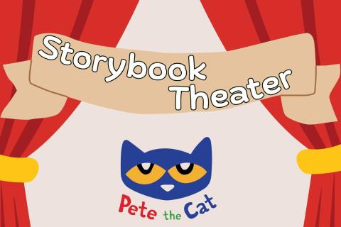 cream background with red drapes on either side and a banner reading storybook theater at the top