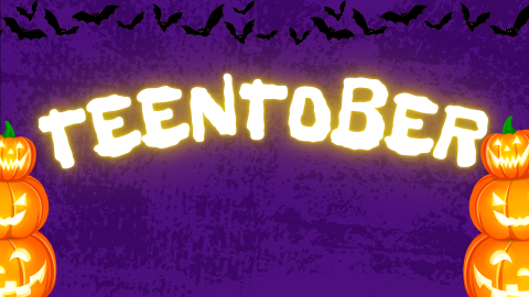 Purple background with a stack of jack o lanterns on either side of text reading 'teentober'