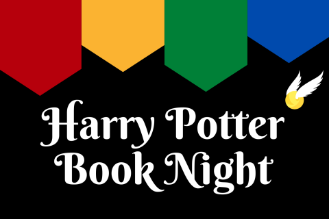 Four color banners over a black background with the words "Harry Potter Book Night" over it