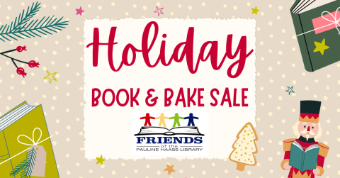 holiday book and bake sale text with Friends of the Library logo image of people holding hands