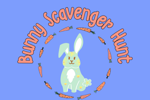Blue background with bunny surrounded by carrots on top and the words Bunny Scavenger Hunt