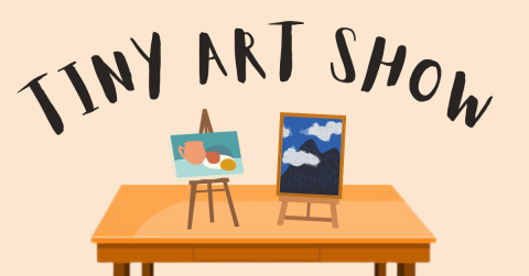 tiny art show text with a table, on top of table small art pieces on easels