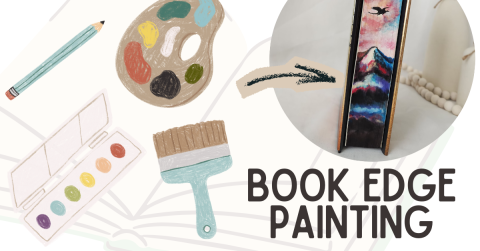 book edge painting text with illustrations of a paint palette, pencil, paint tray and brush, image of the edge of a book painted with a mountain and dragon scene