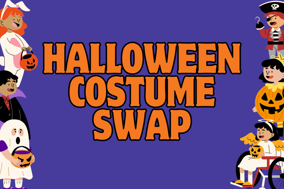 Purple background with with words Halloween Costume Swap in the middle and kids in costumes around the edges