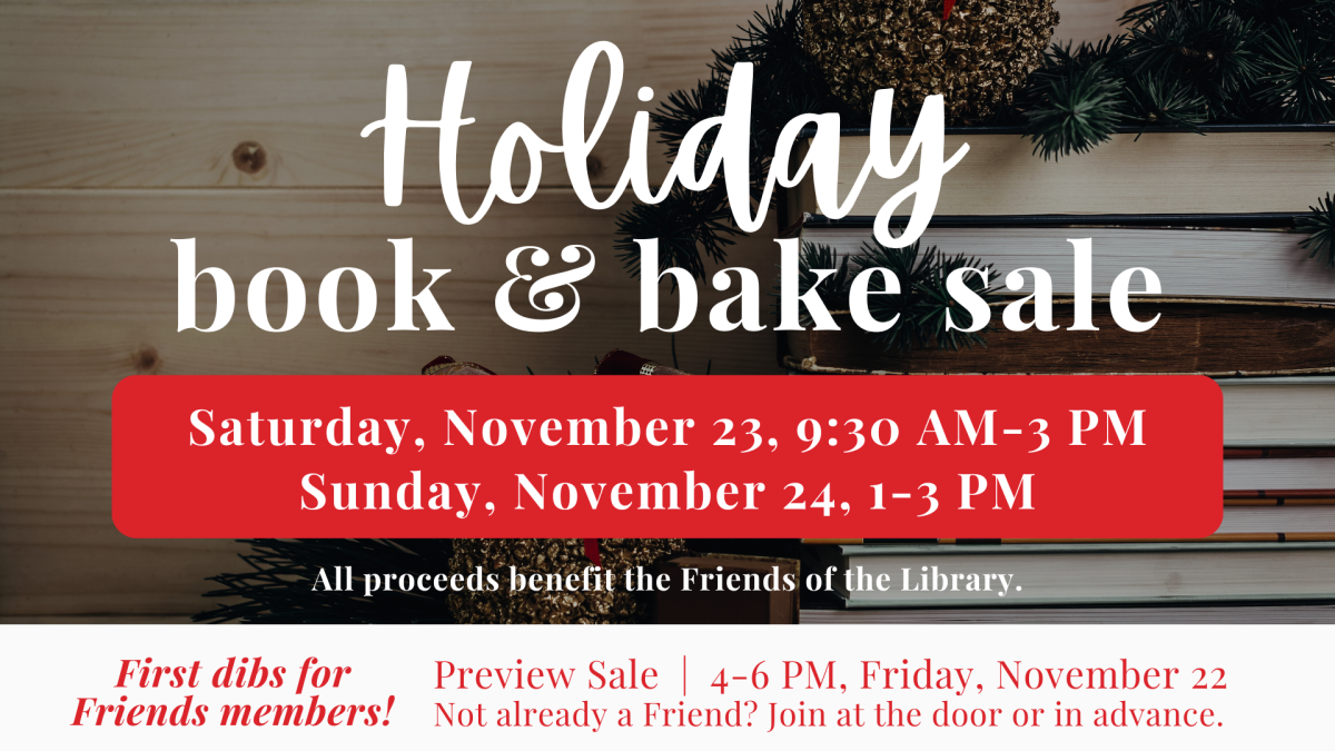 holiday book and bake sale text