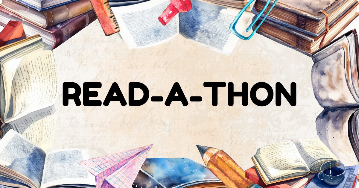 The words 'Read-a-thon' in the middle of the image with a border of books.