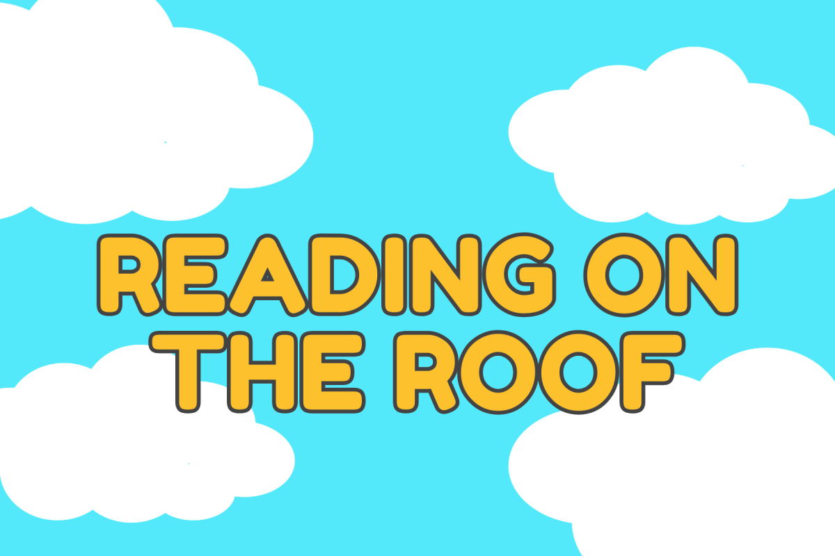 blue sky background with yellow wording saying reading on the roof