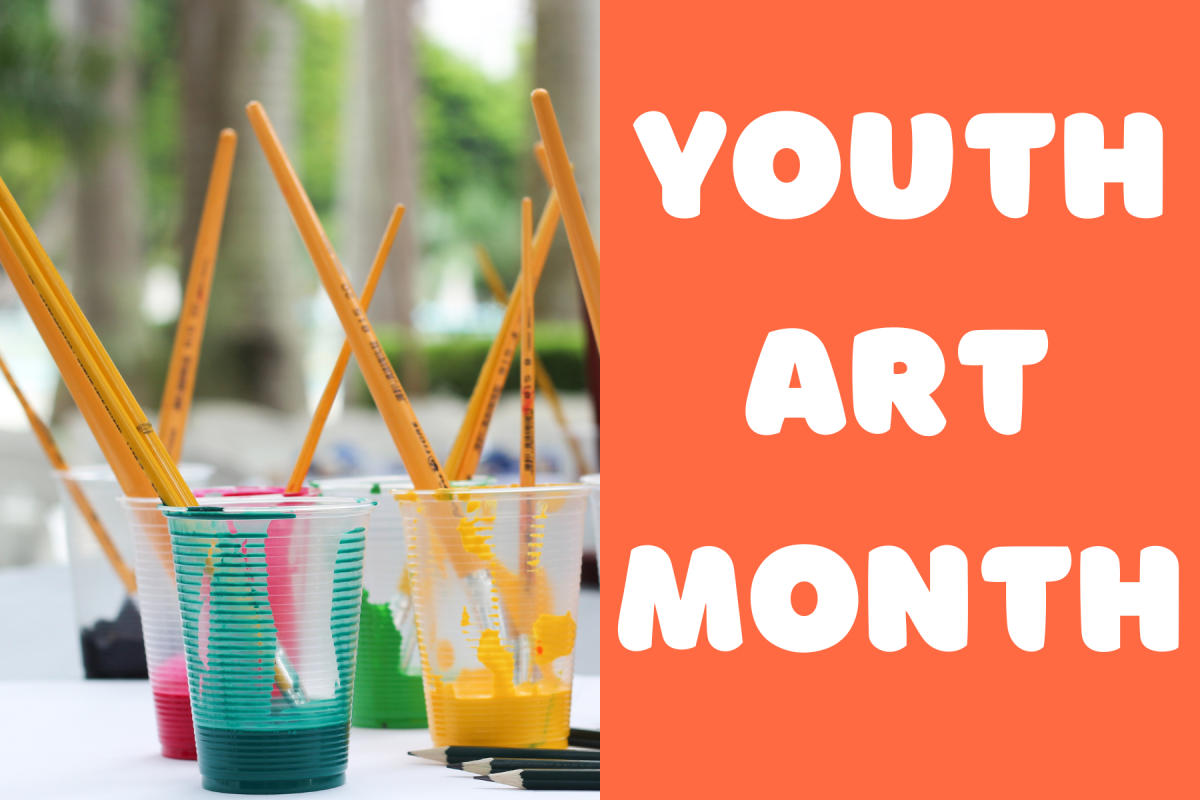 paint cups with paint brushes in them and the title youth art month over a orange box