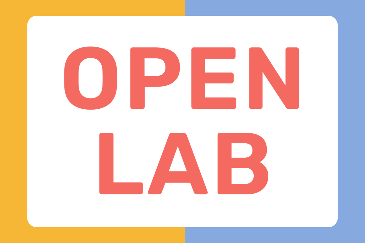 Yellow and blue background with the words Open Lab in red over it
